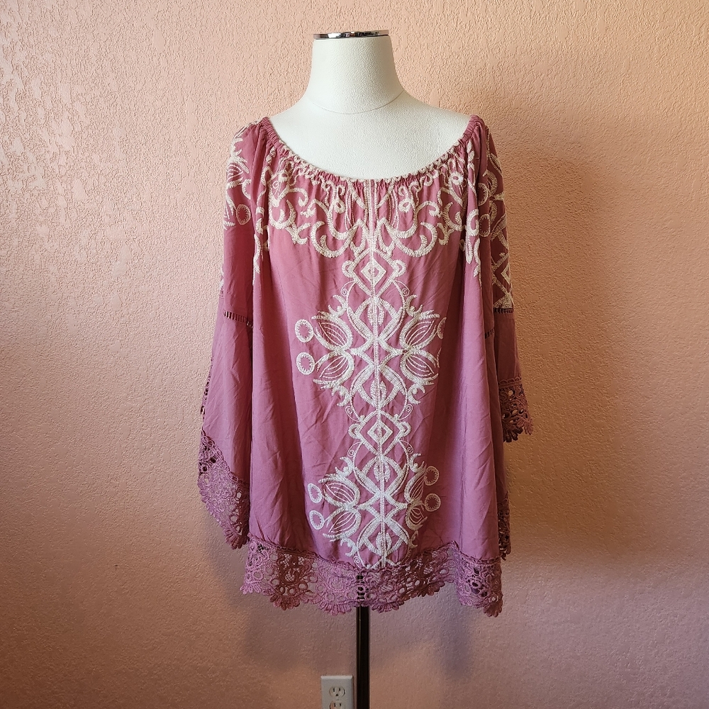 Cato Pink Embroidered Off The Shoulder Bell Sleeve Lace Trim Blouse